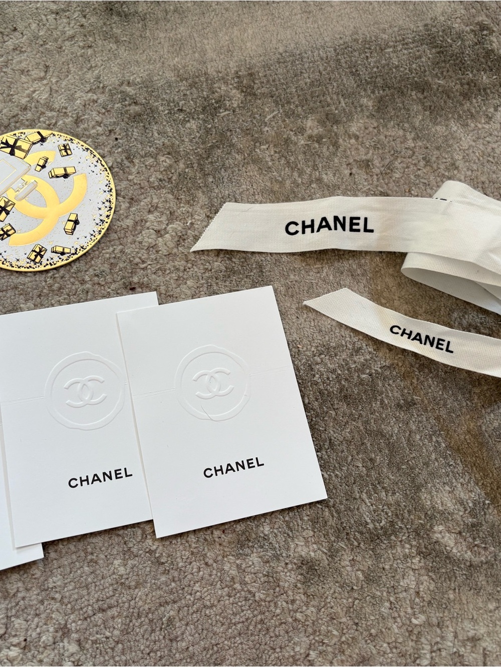 CHANEL Cream and Black Logo Ribbon with Embossed Cards lot